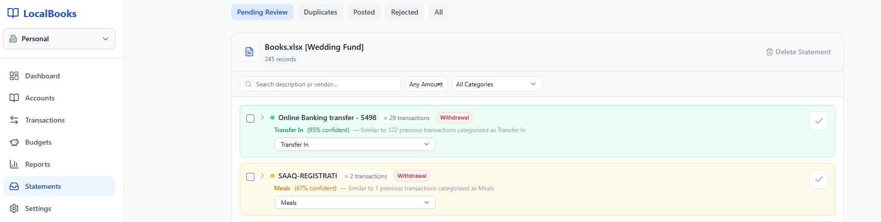LocalBooks Smart Categorization showing automatic transaction matching with 95% confidence